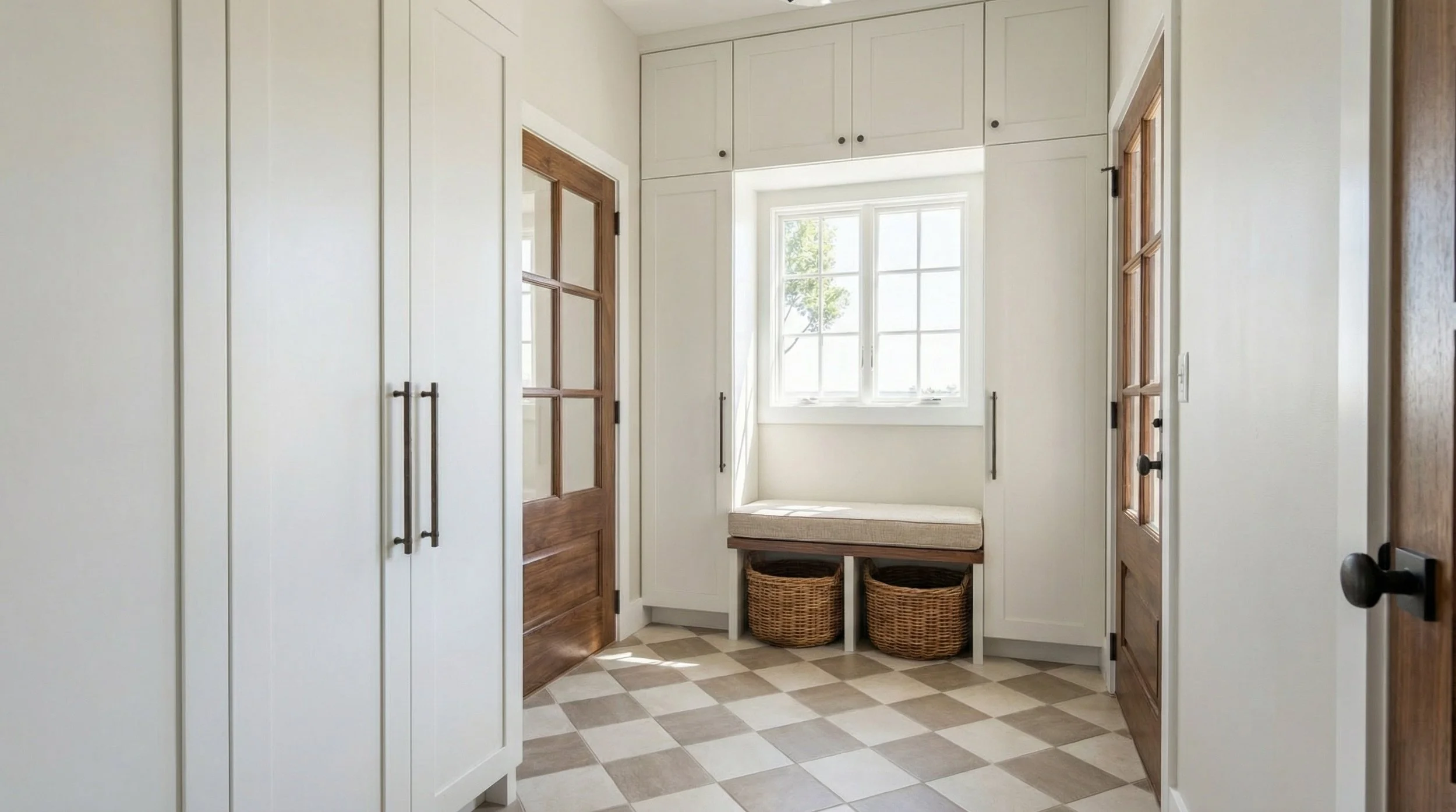 Bright kitchen or mudroom with white cabinets, wooden doors, a window seat with a cushion, and woven baskets underneath, beige and white checkered floor.