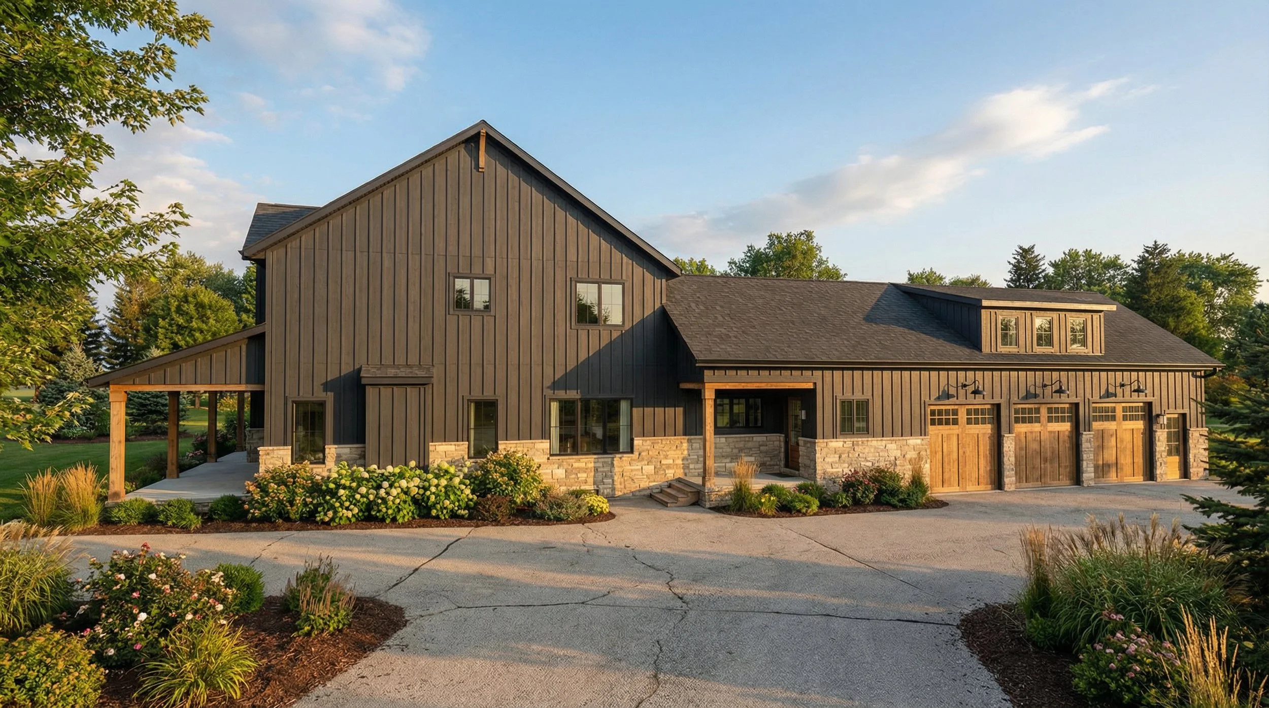 Three-car garage with bonus space.
