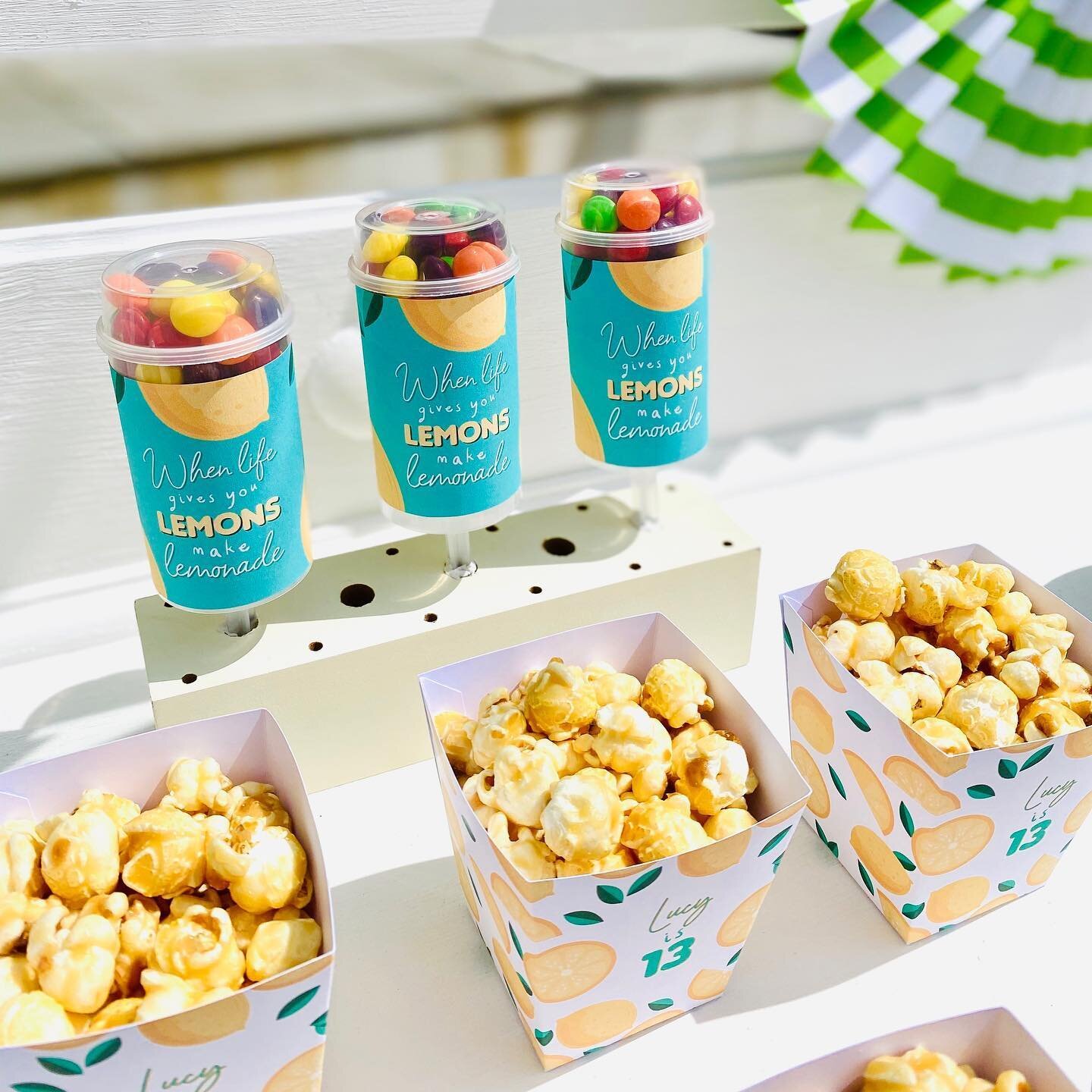 Mini popcorn boxes and candy filled push pops sweet treats, both personalised with our party theme colours and theme. Too good to eat or not?