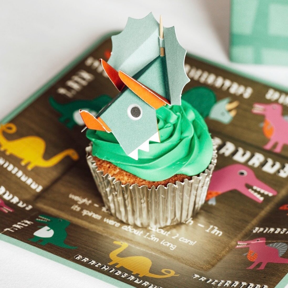 Delicious vanilla cupcakes with a very cute stegosaurus topper. Yummy 😋