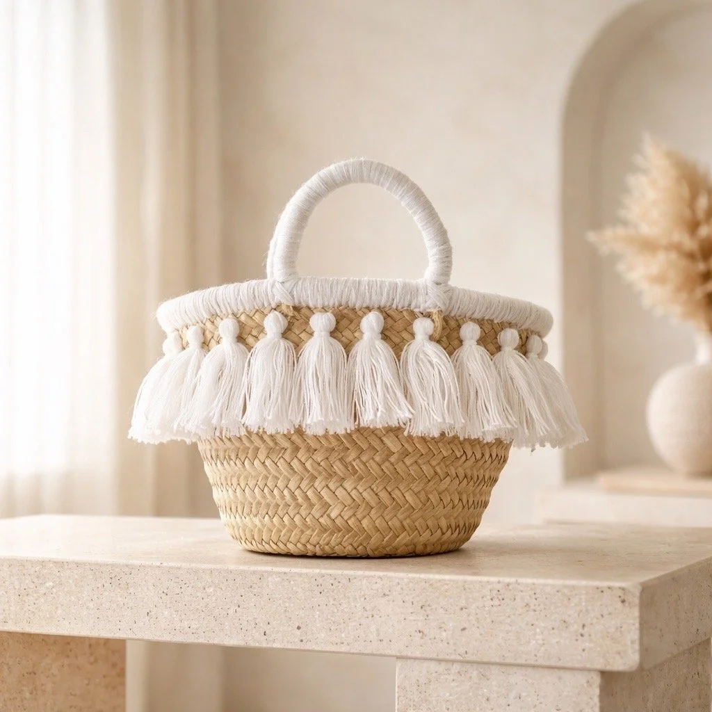 Mini White Tassel Palm Basket