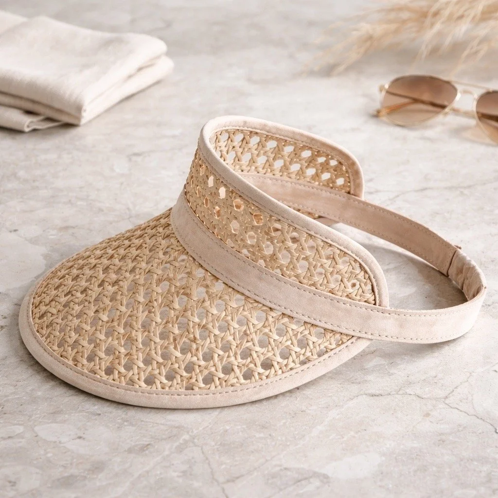 Child Leather & Rattan Beach Visor - Cream