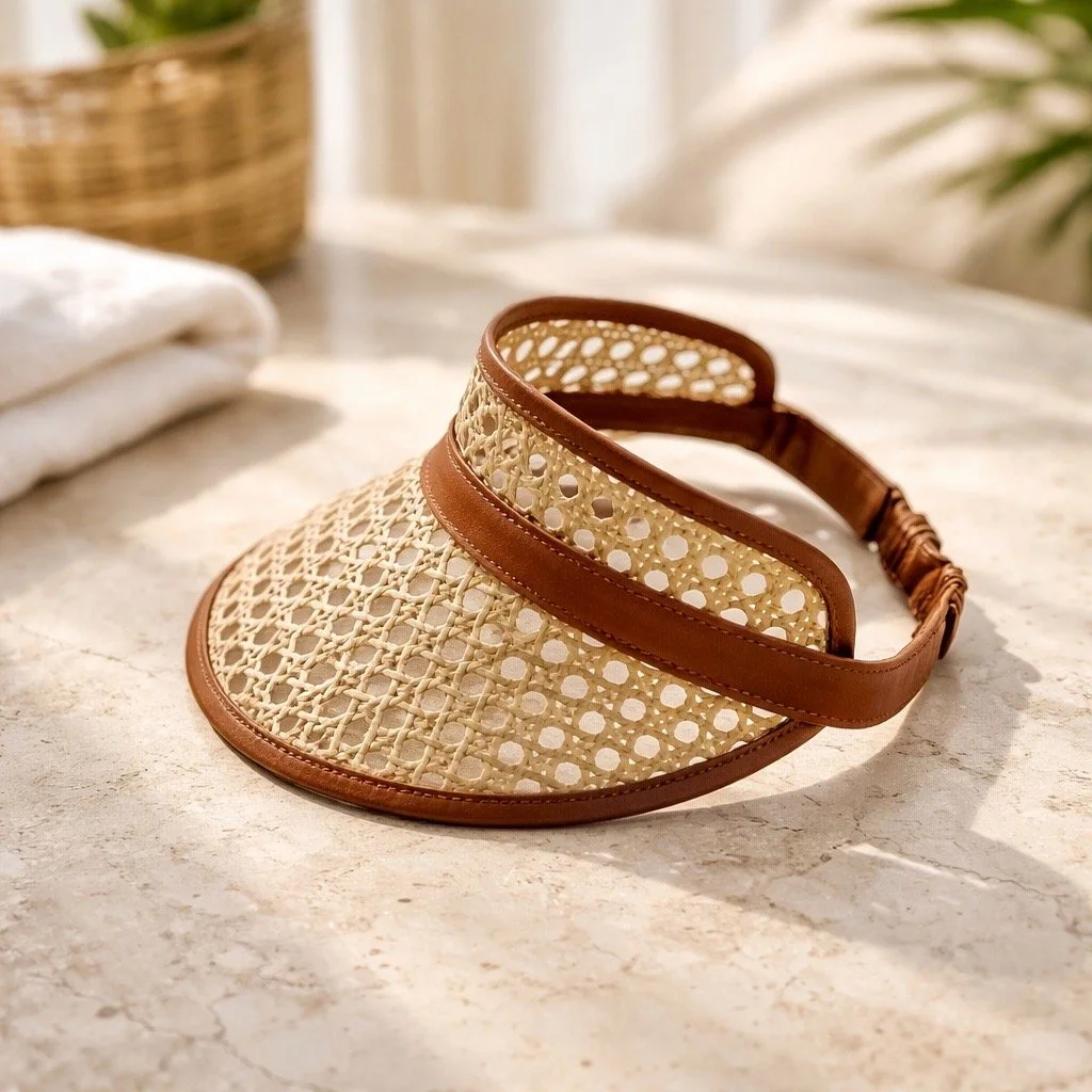 Child Leather & Rattan Beach Visor - Tan