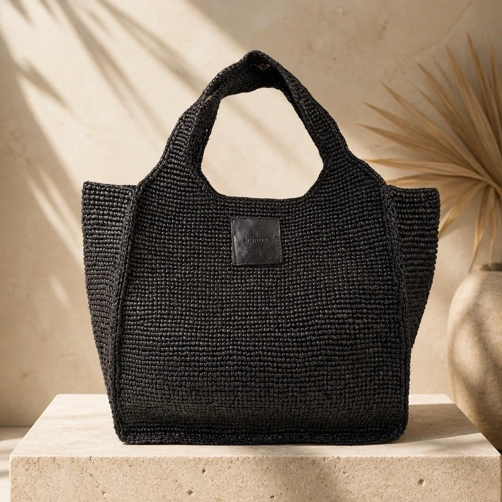 La Bohème Raffia Oversized Tote - Black