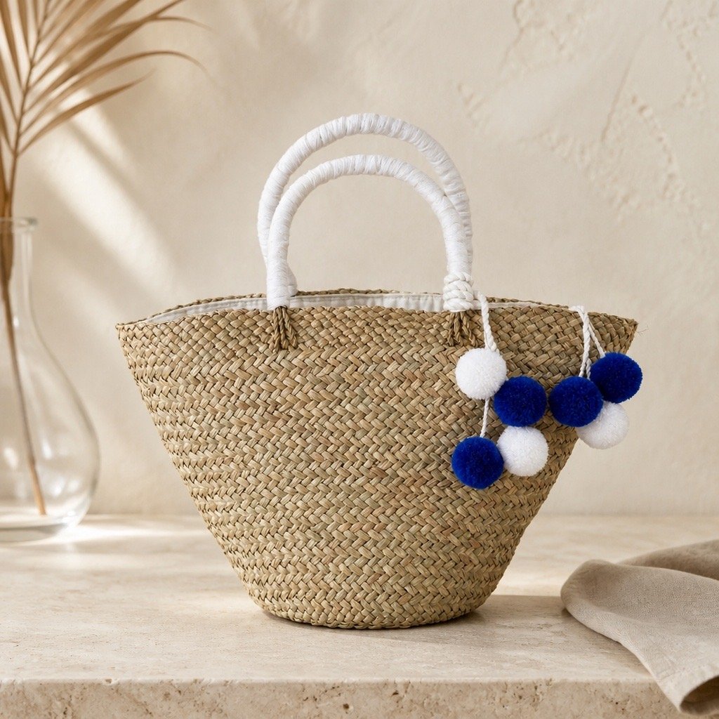 The White & Blue Pom Pom Basket