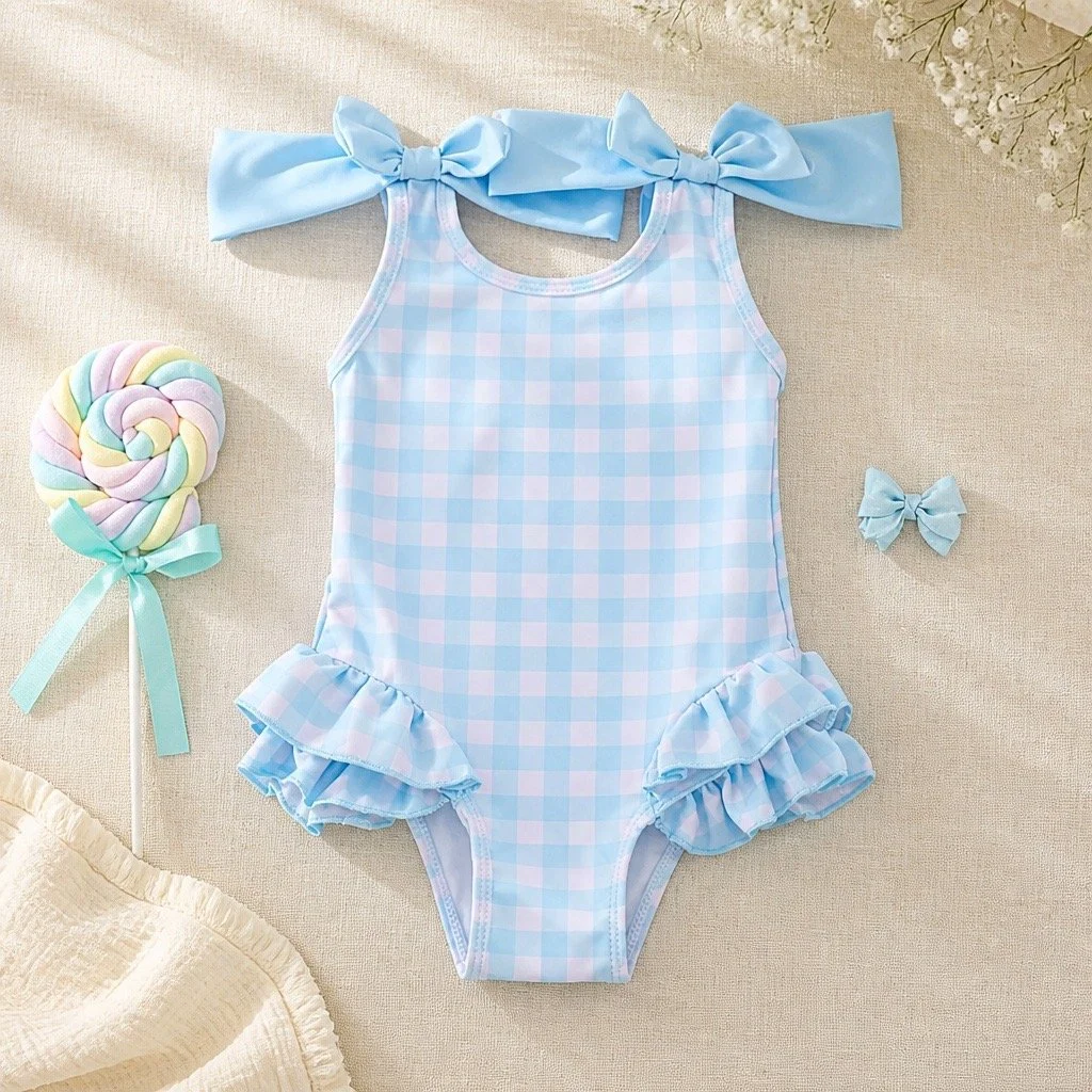 Gingham Bow Ruffle Swimsuit - Blue
