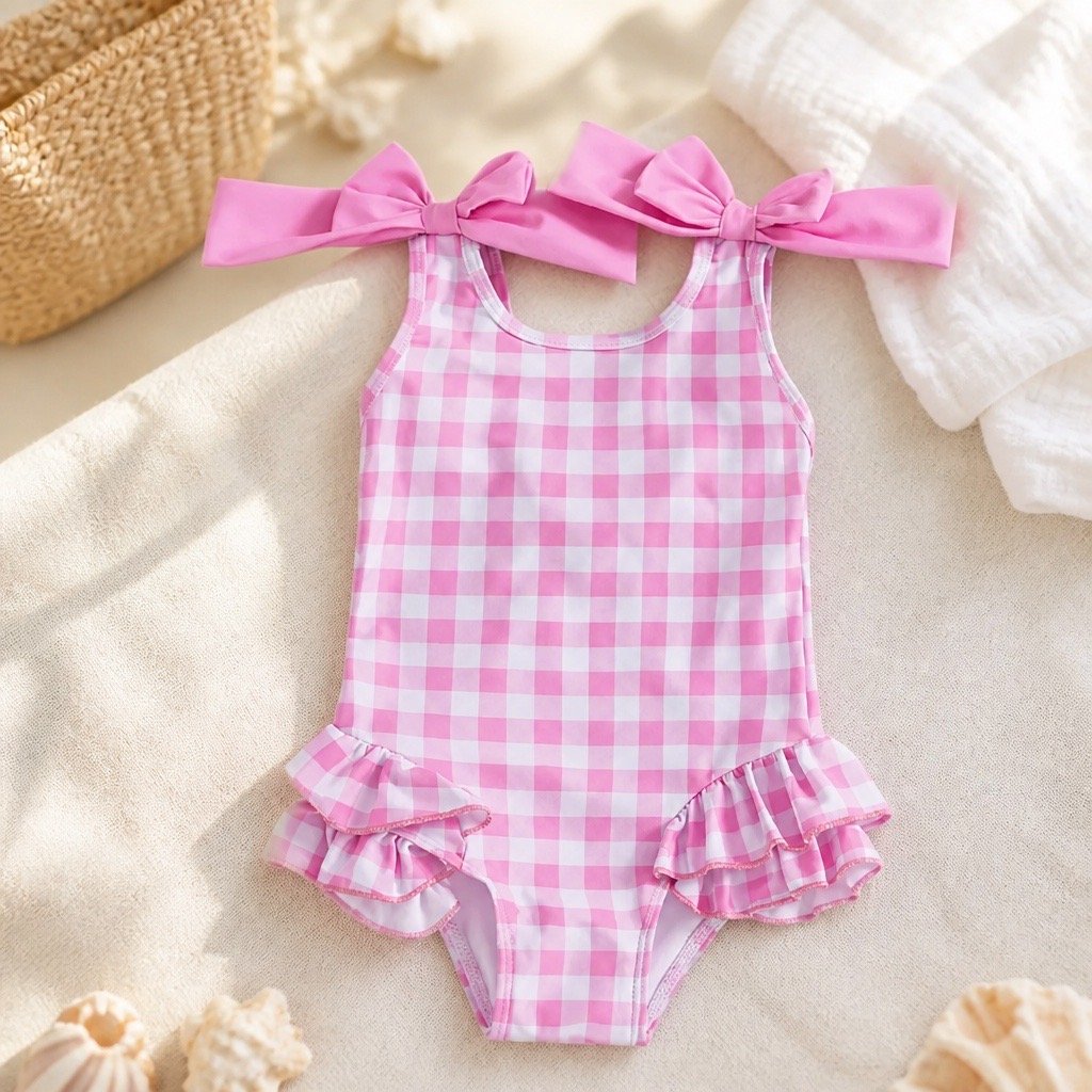 Gingham Bow Ruffle swimsuit - Pink