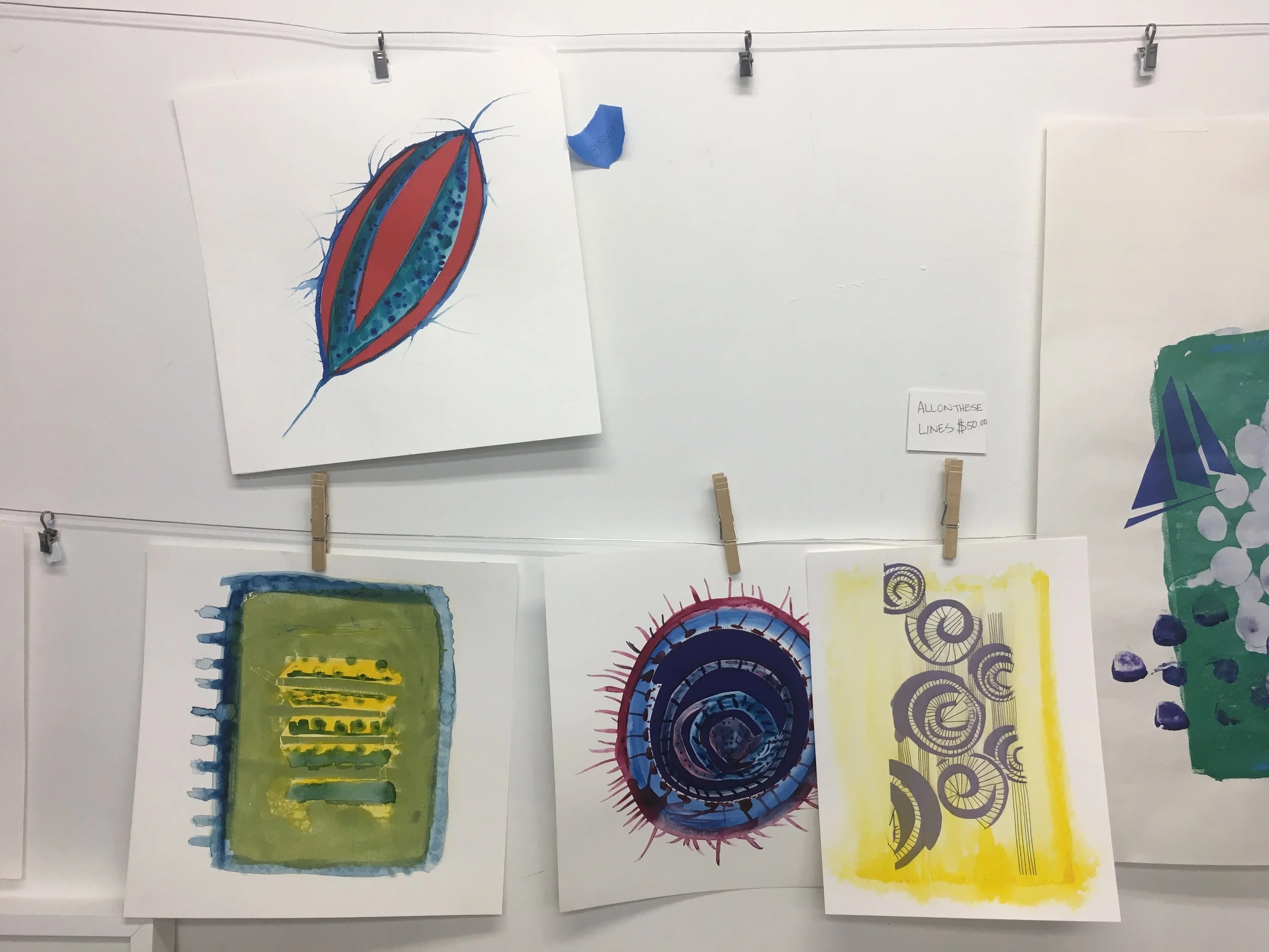 Drawings and prints in Jen's studio.