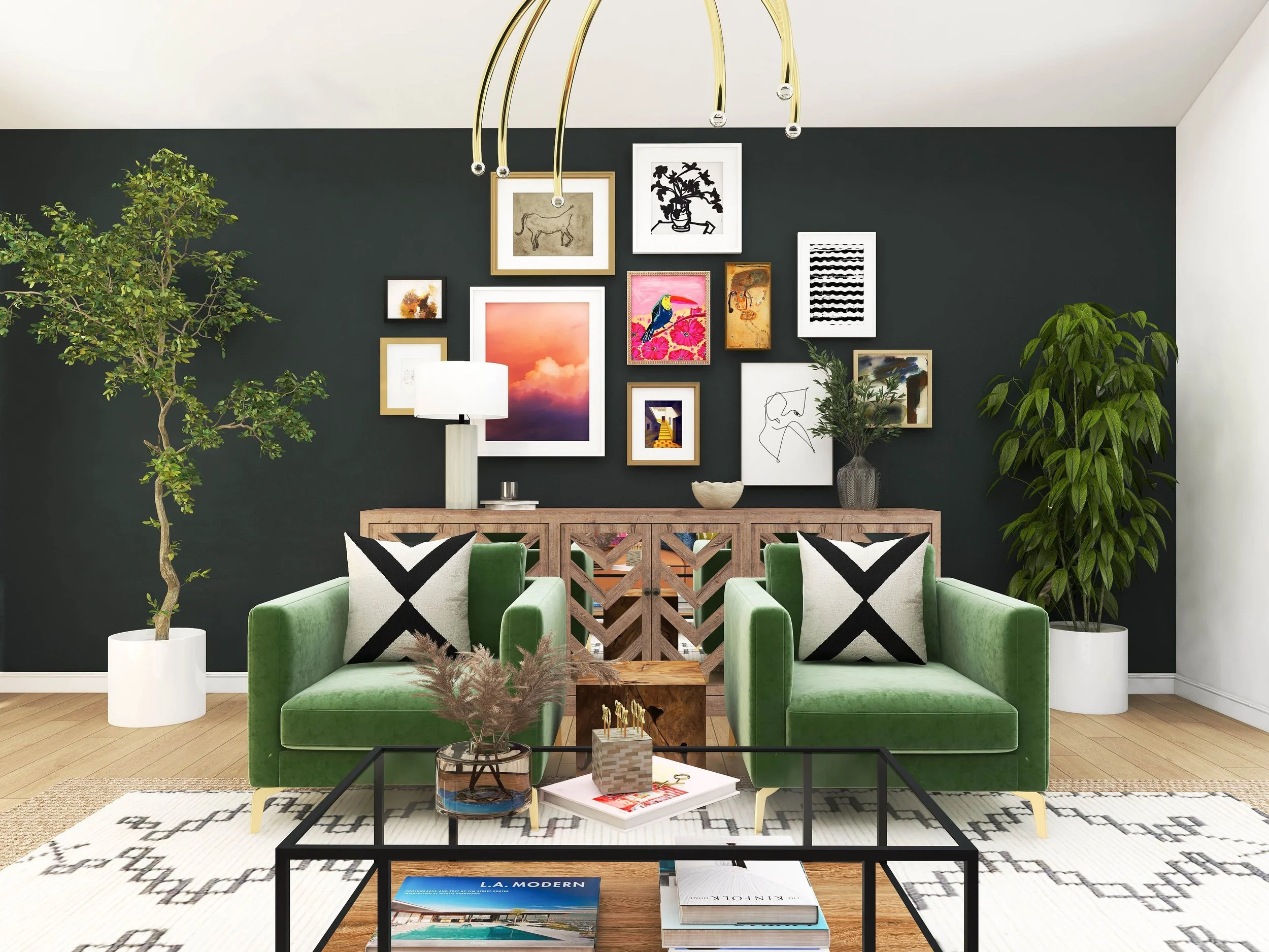 Modern eclectic living room with a colorful gallery wall above a wood credenza, green velvet chairs, black accent wall, and indoor trees.
