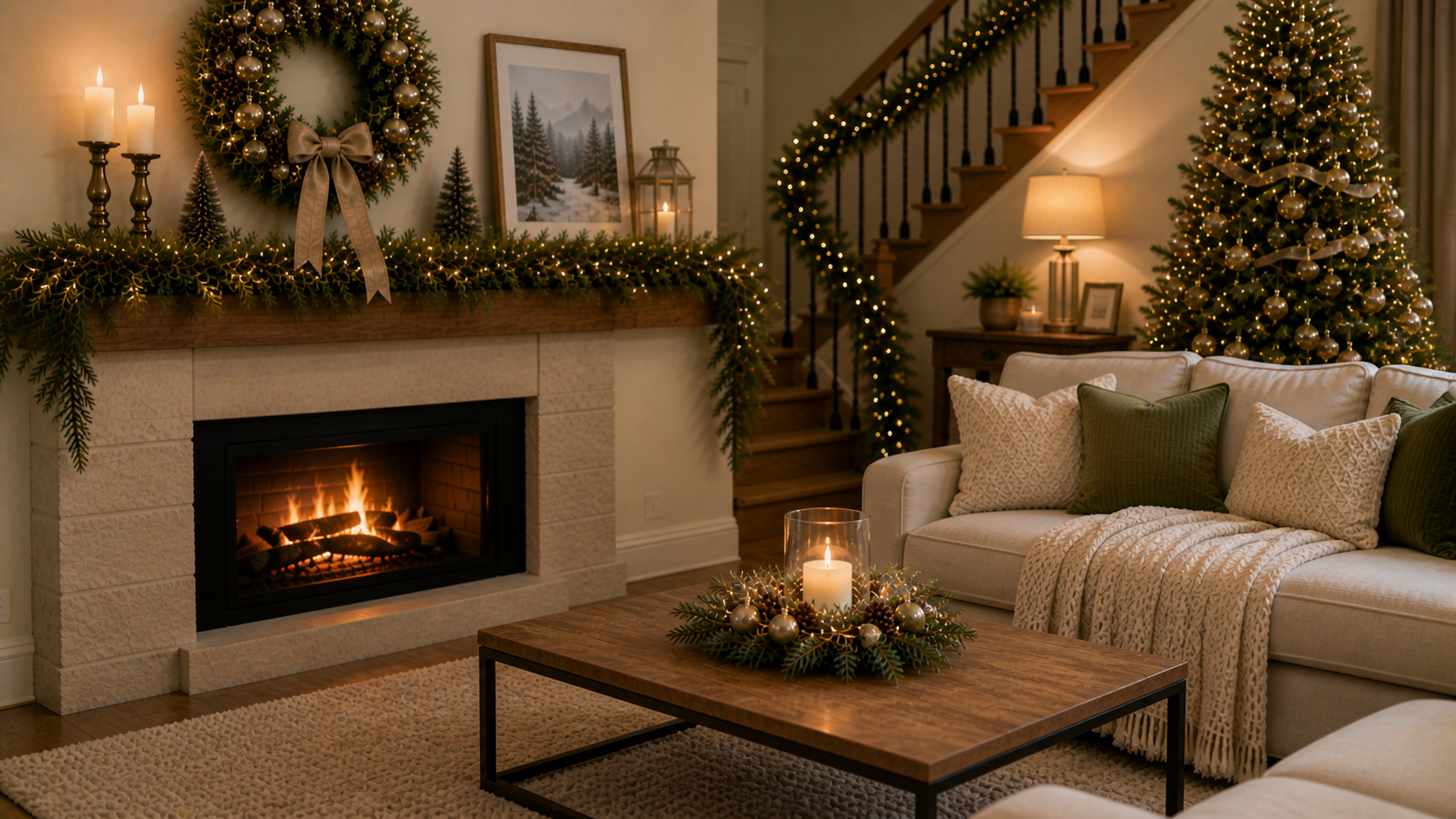 Cozy living room with a rectangular coffee table styled with a garland and glass hurricane candle, with a decorated wreath and fireplace in the background (AI-generated image)
