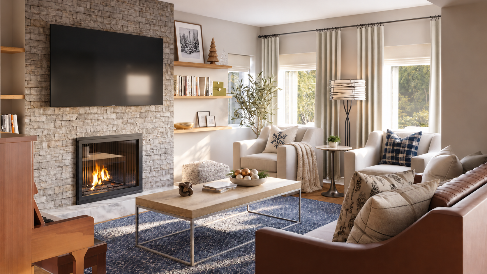 Living room with a leather sofa, ivory chairs with holiday pillows, winter artwork and Christmas trees on oak shelves, and an ornament bowl on the coffee table.