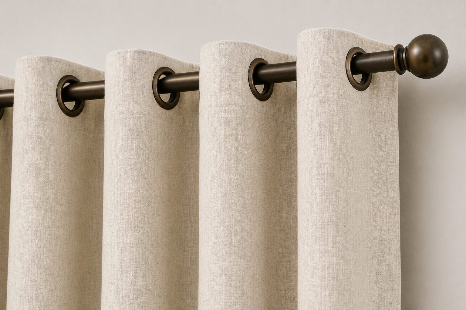 Close-up AI rendering of a cream grommet drapery header with dark bronze metal grommets threaded directly onto a decorative drapery rod, showing the evenly spaced folds created by the grommet construction.