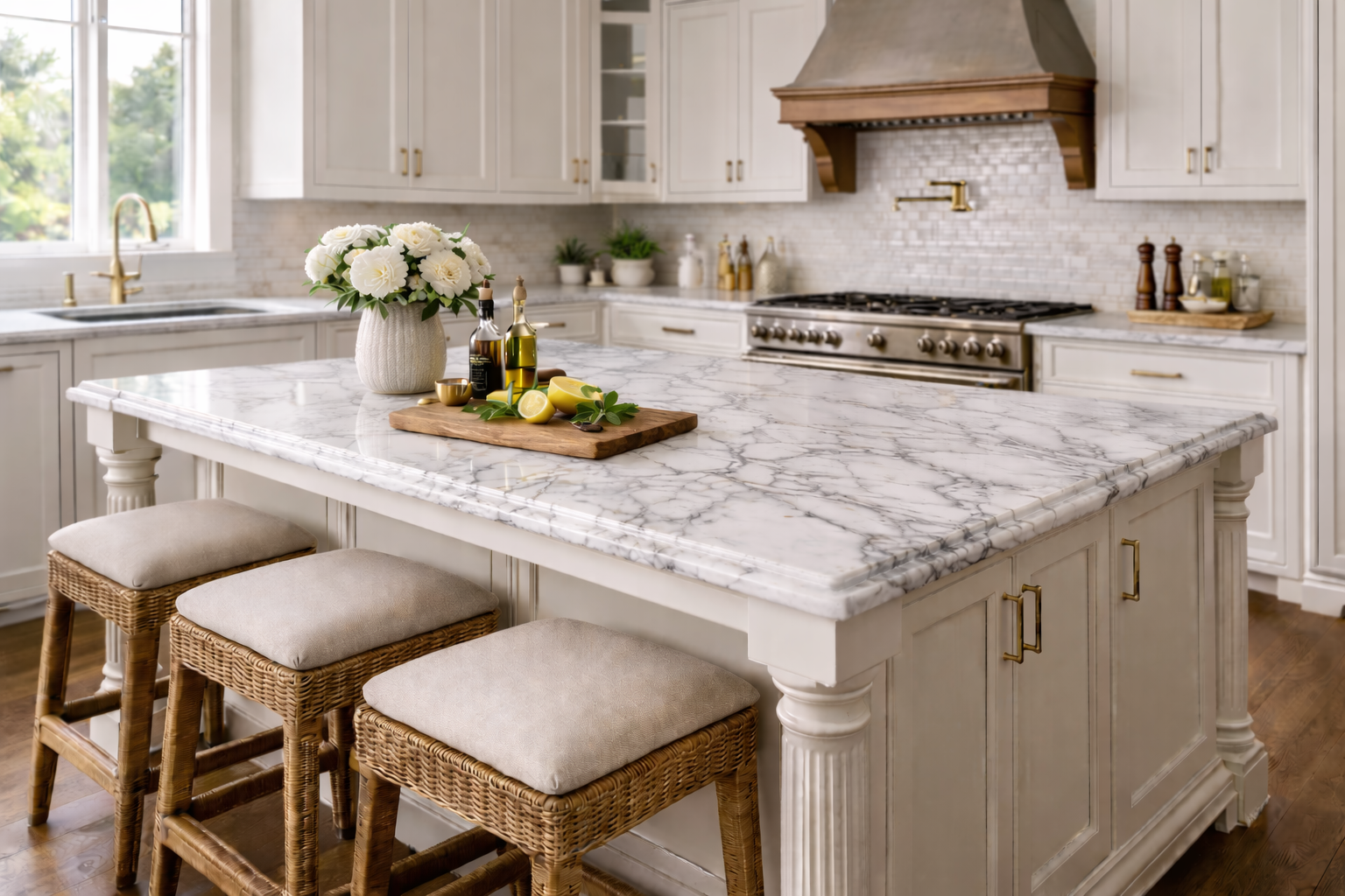 Classic vintage-style kitchen with a white marble island featuring gray veining, turned column supports, woven counter stools, brass hardware, a professional range, and warm neutral finishes. AI-generated image.