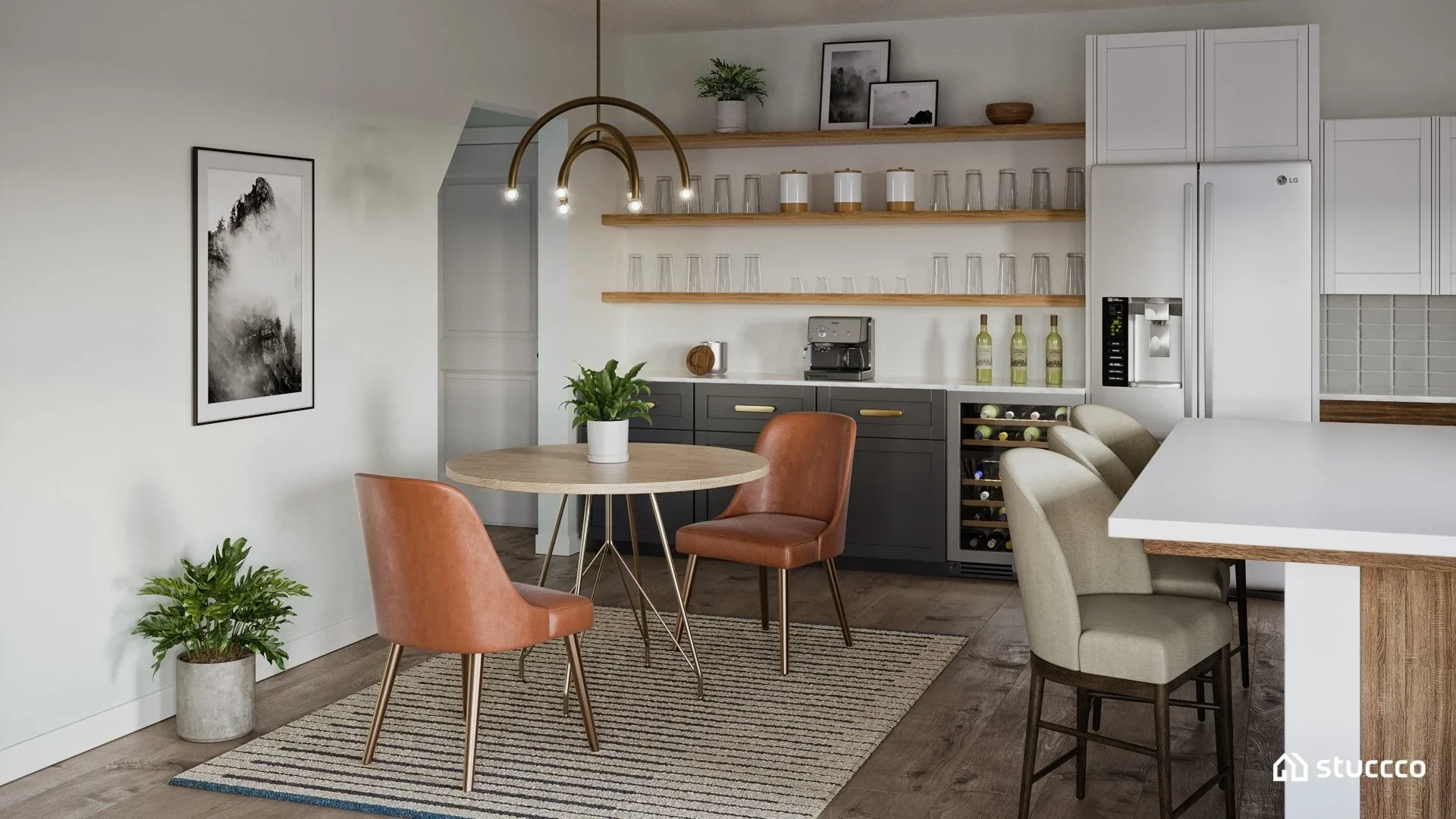 Mid-century modern dining space with a round table, leather chairs, open wood shelving, neutral cabinetry, and warm lighting, designed by virtual interior designer Joshua Jones with 3D rendering by Stuccco.