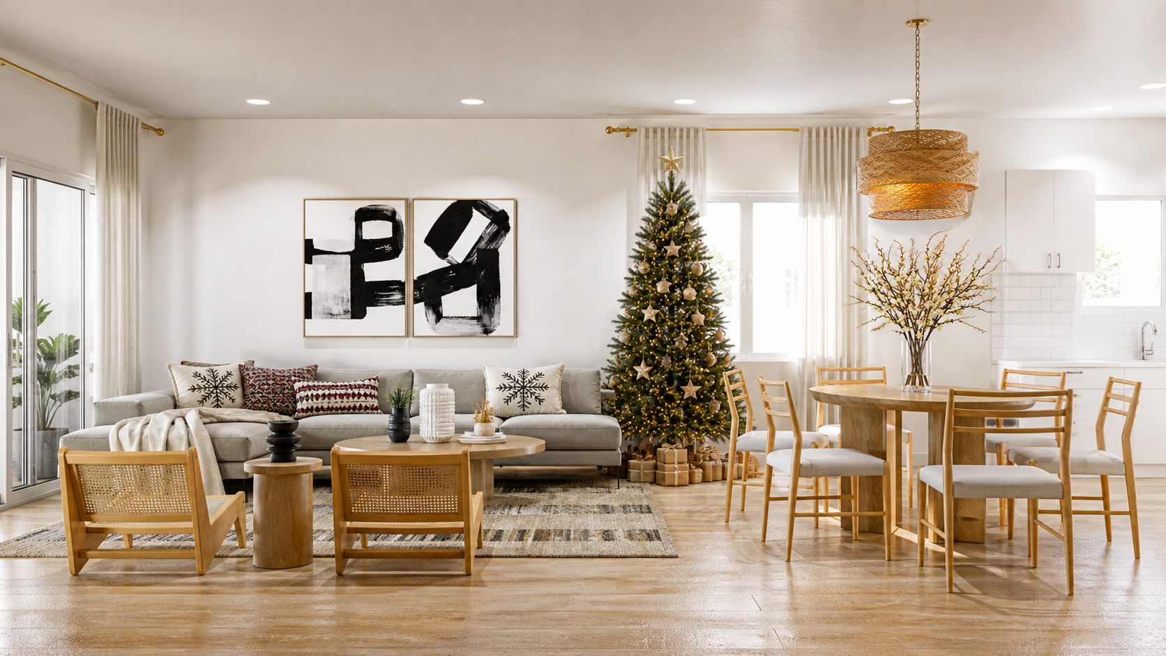 Japandi open-concept living and dining room with a decorated Christmas tree, neutral holiday pillows, and a vase of branches with white flowers on the dining table.