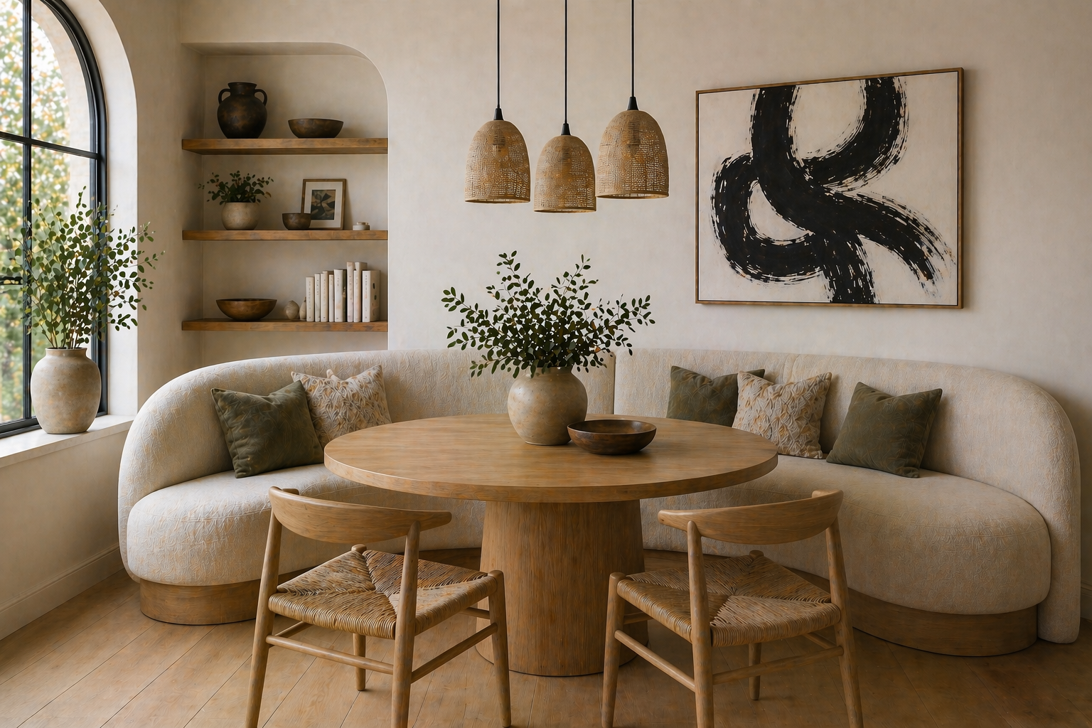 Modern organic curved banquette with upholstered seating, round oak dining table, rattan pendant lights, and neutral decor in a sunlit dining space, AI-generated image