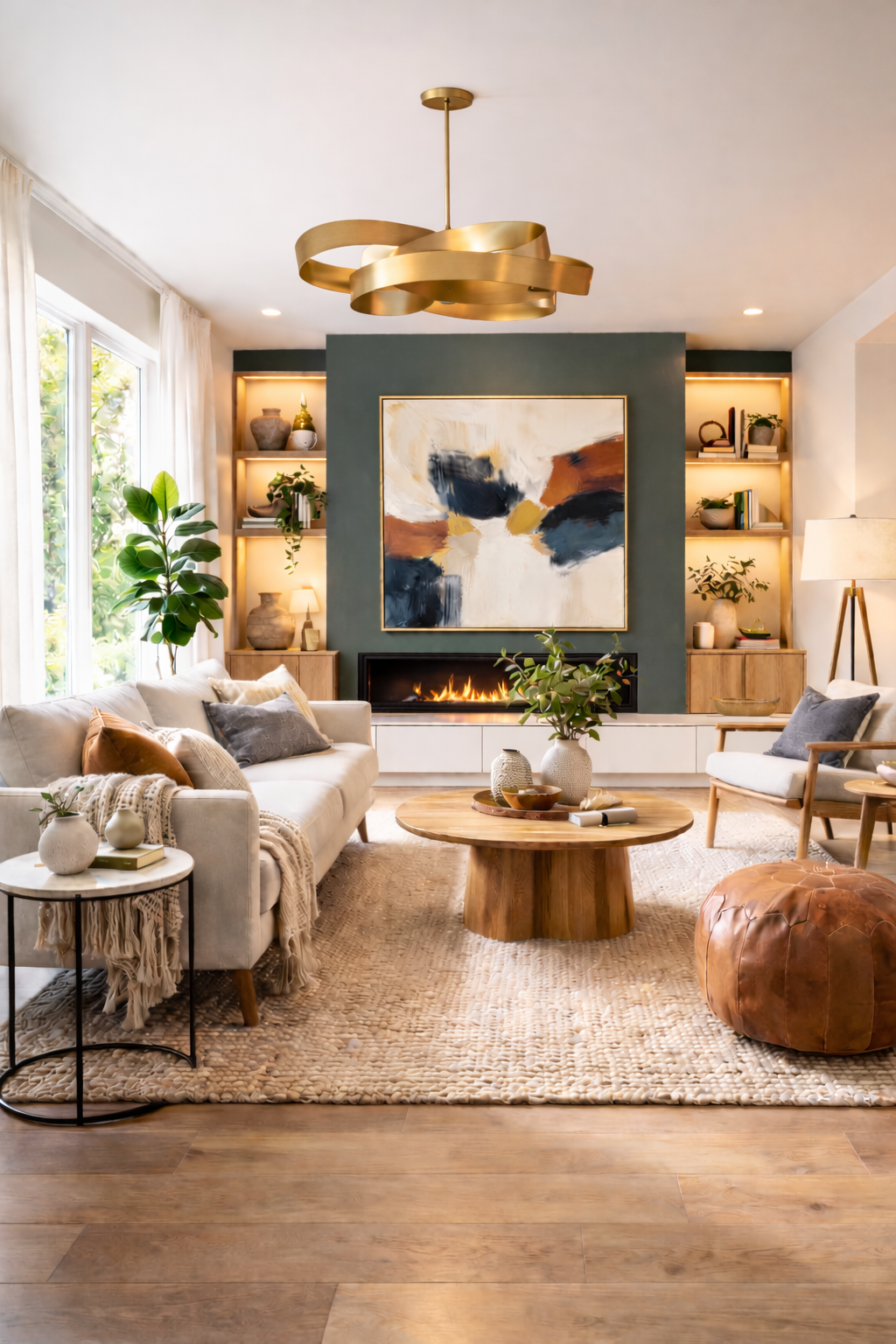AI-generated modern living room with teal accent wall, linear fireplace, abstract artwork, symmetrical built-in shelving, round wood coffee table, neutral sofa, and brass sculptural ceiling light centered above the seating area.