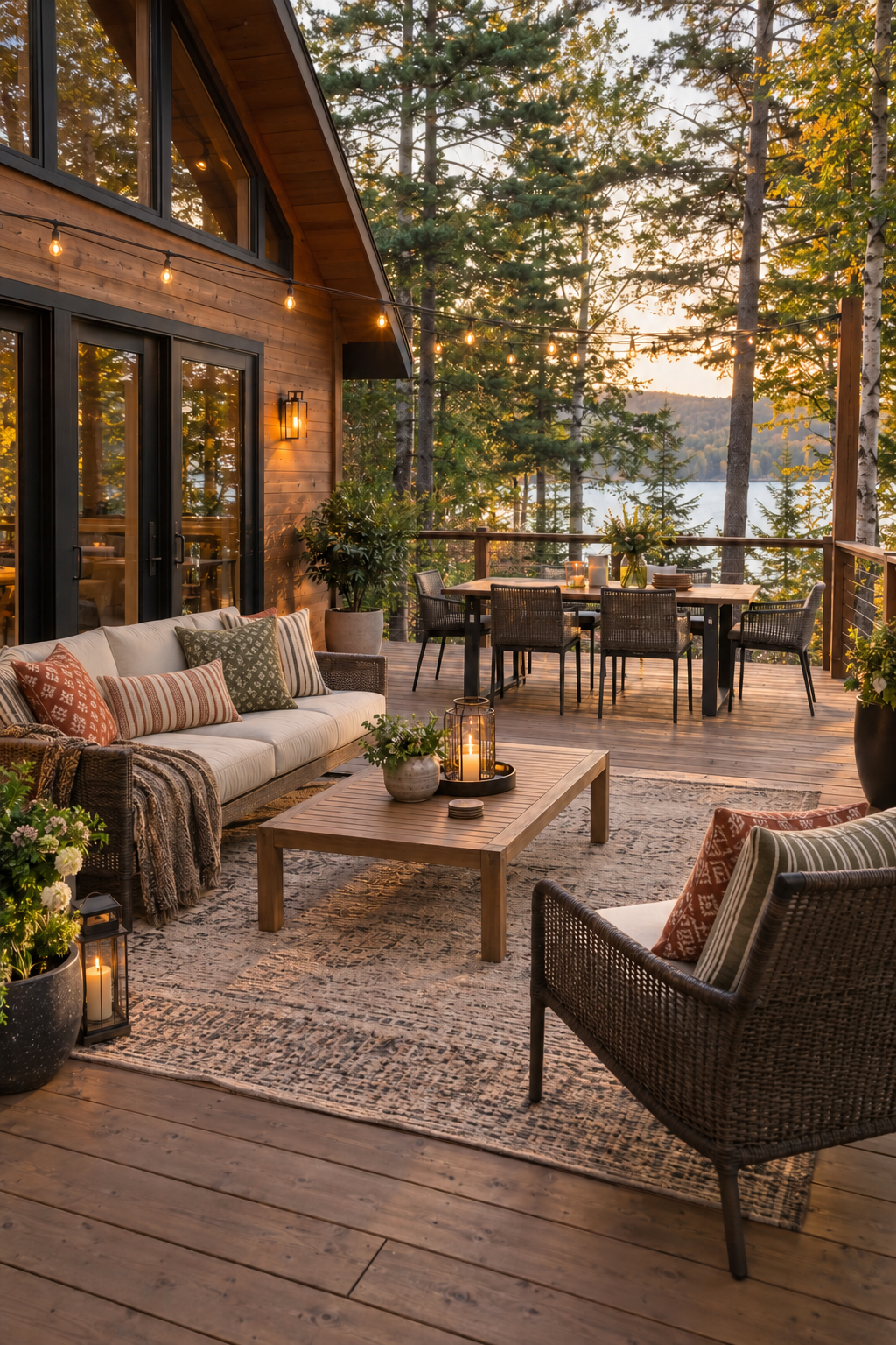 New Hampshire cabin deck with contemporary outdoor seating, earthy patterned pillows, an outdoor rug, dining furniture, and string lights overlooking a wooded lake.