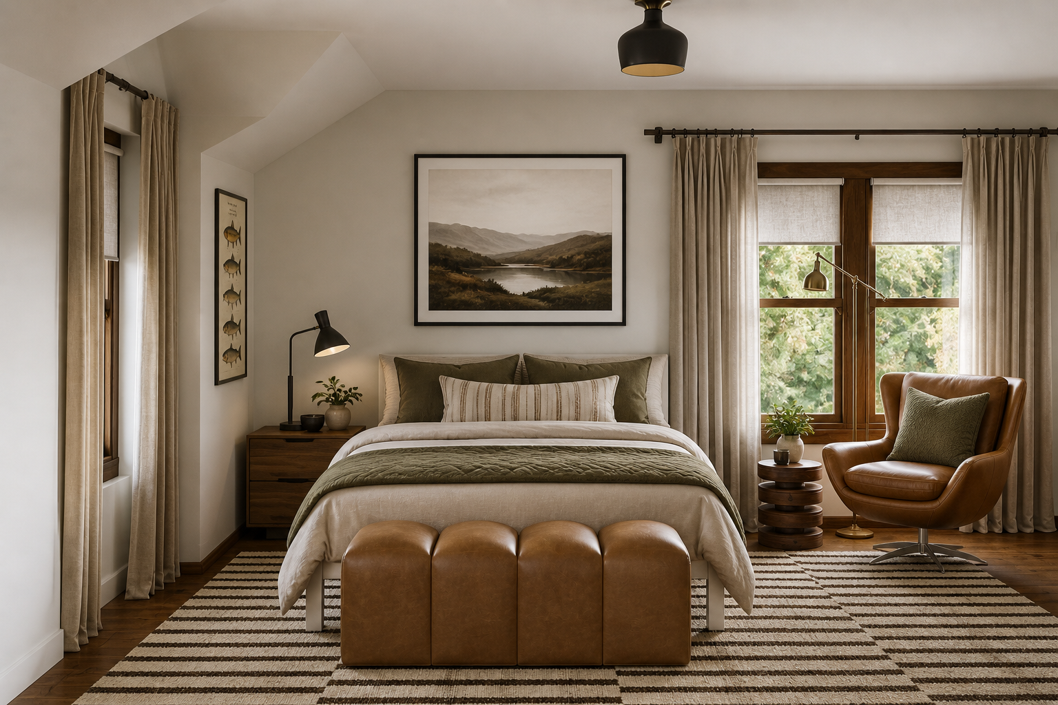 California Eclectic bedroom styled as a young adult space with neutral bedding, refined artwork, and warm drapery, based on an original design by Joshua Jones and recreated with AI to show a more mature evolution.