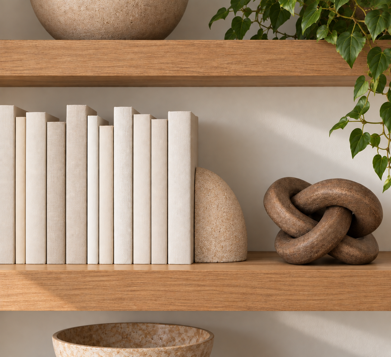 Stone bookend beside neutral white books and a textured wood sculpture on natural oak shelves, styled by virtual interior designer Joshua Jones of JJones Design Co.