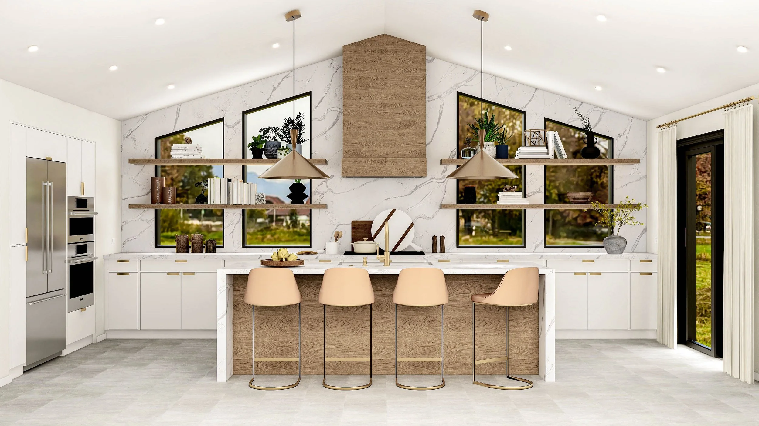 Mid-century modern kitchen designed by virtual interior designer Joshua Jones of JJones Design Co. featuring oversized pendant lights above a wood kitchen island with marble walls and floating wood shelves.