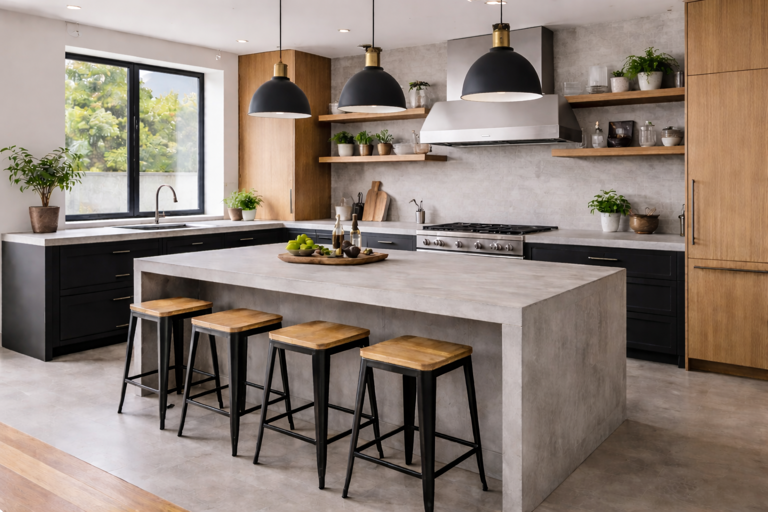 Modern architectural kitchen with a large concrete waterfall island, smooth gray concrete countertops, matte black and light oak cabinetry, minimalist bar stools, open wood shelving, and a streamlined rectangular range hood. AI-generated image.