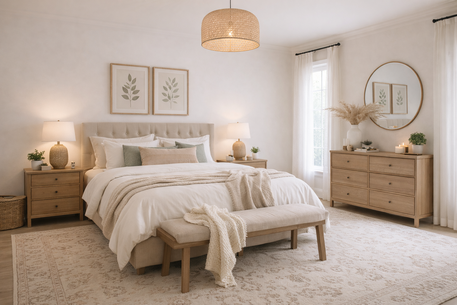 Modern organic bedroom featuring a neutral color palette, upholstered bed with layered bedding, wood nightstands and dresser, soft area rug, woven pendant light, and natural textures throughout (AI-generated image)