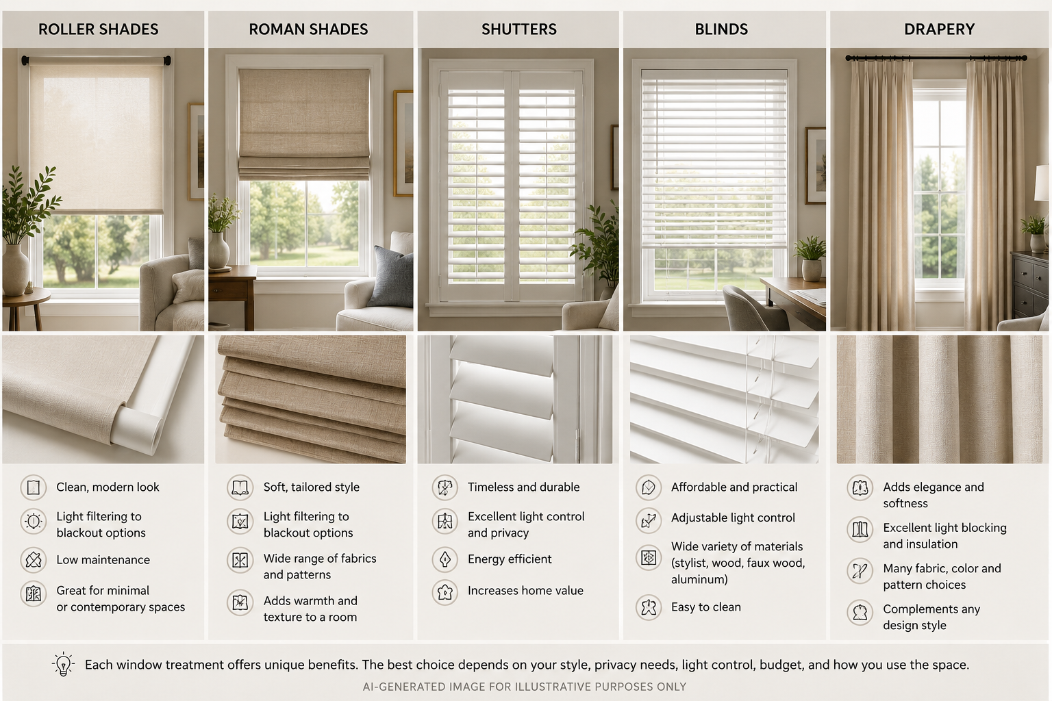 AI-generated infographic comparing roller shades, Roman shades, shutters, blinds, and drapery, including their appearance, benefits, privacy features, light control capabilities, and design applications.