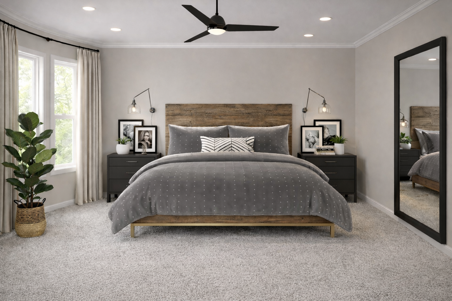 Photorealistic AI rendering of a modern rustic primary bedroom designed by Joshua Jones featuring soft wall-to-wall carpet flooring, a reclaimed wood bed frame, gray bedding, black nightstands, and recessed ceiling lighting