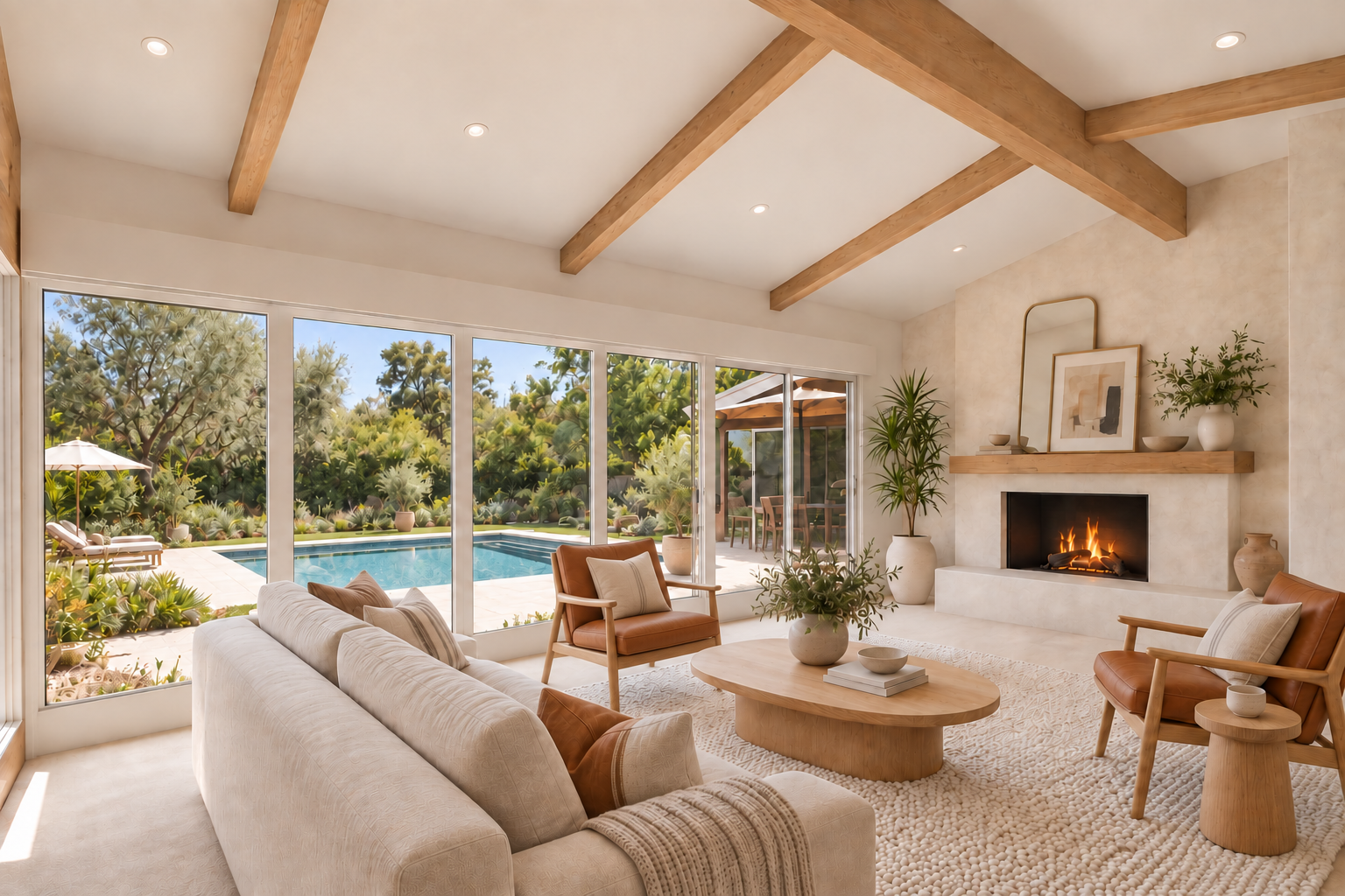 California Scandinavian living room with natural oak ceiling beams, a plaster fireplace, neutral furnishings, and views of a backyard swimming pool, styled by virtual interior designer Joshua Jones of JJones Design Co.