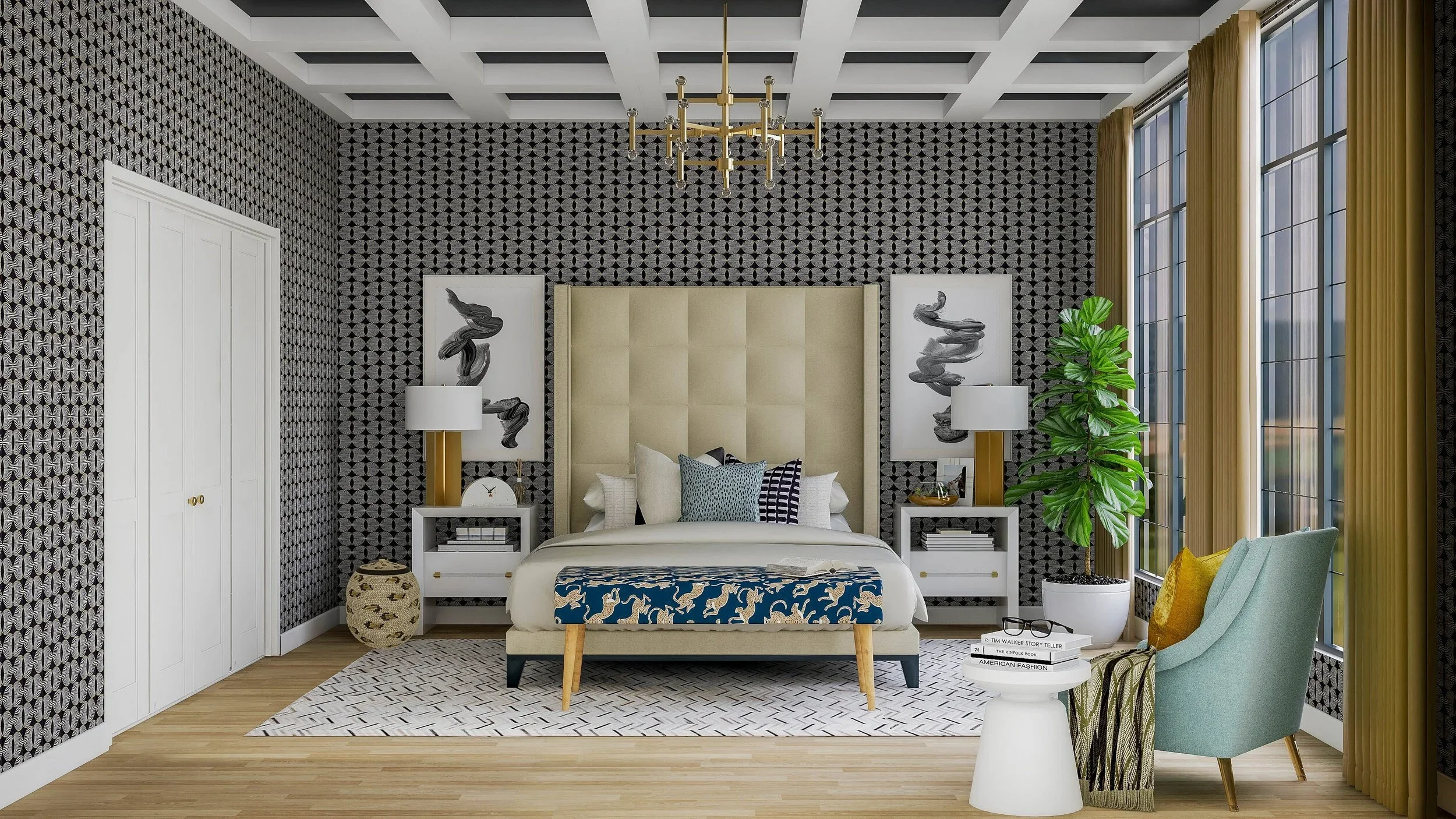 3D rendering of a modern eclectic bedroom featuring floor-to-ceiling gold drapery panels, tall black-framed windows, patterned wallpaper, a coffered ceiling, upholstered bed, and layered contemporary furnishings.