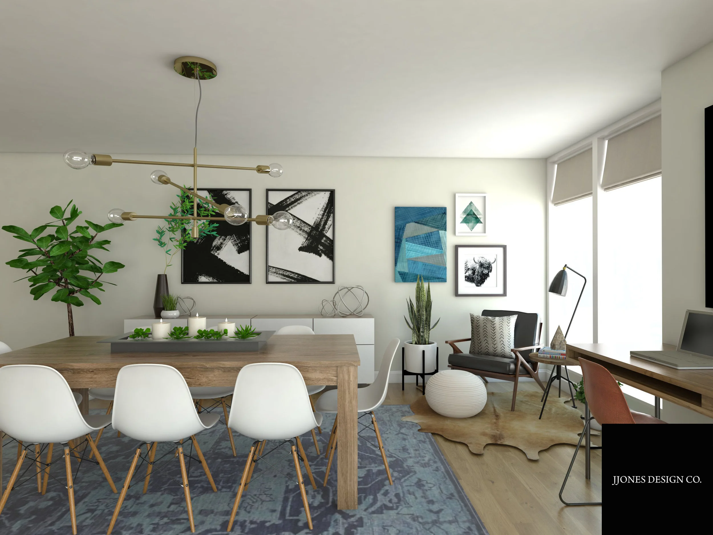 3D rendering of a modern eclectic dining room with wood table, white chairs, blue rug, abstract wall art, and styled decor