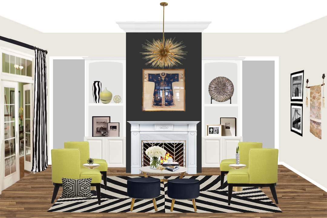 Modern glam living room 2D rendering showing the design concept development stage of a virtual interior design project by Joshua Jones of JJones Design Co.