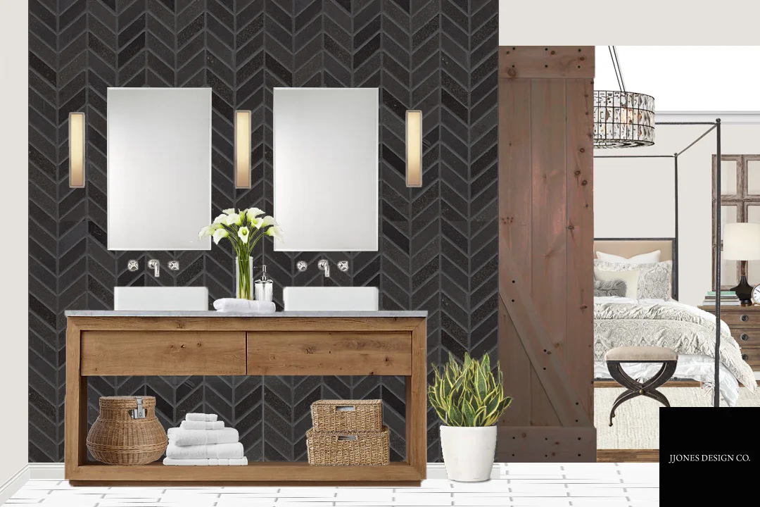 Another side of Modern Industrial Style Master Bath with a peek of master bedroom