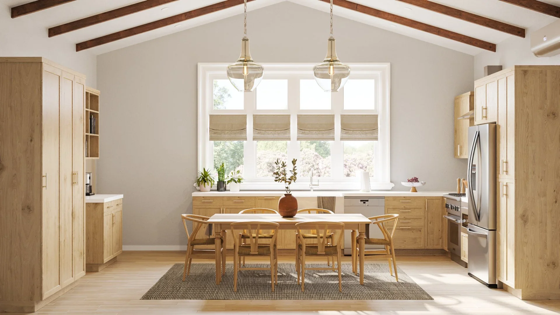 Scandinavian kitchen and dining space with light wood cabinetry, a wood dining table, open layout, neutral finishes, and natural light, designed by virtual interior designer Joshua Jones.