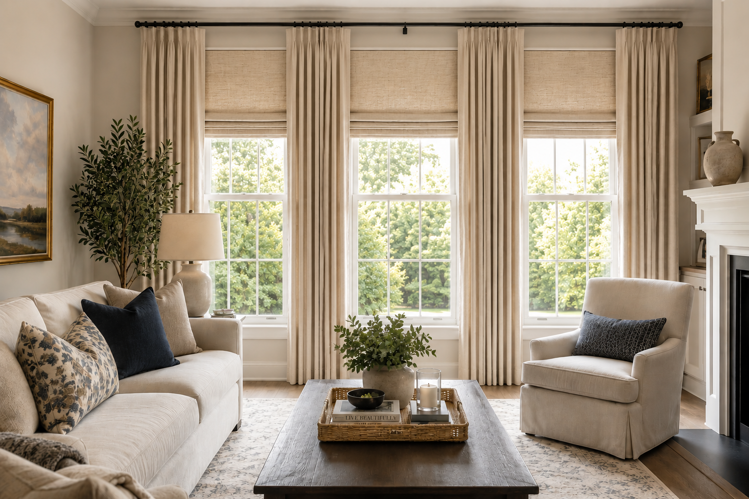 AI-generated living room with layered window treatments, including linen Roman shades and floor-to-ceiling drapery panels, demonstrating a versatile solution for privacy, light control, and style.