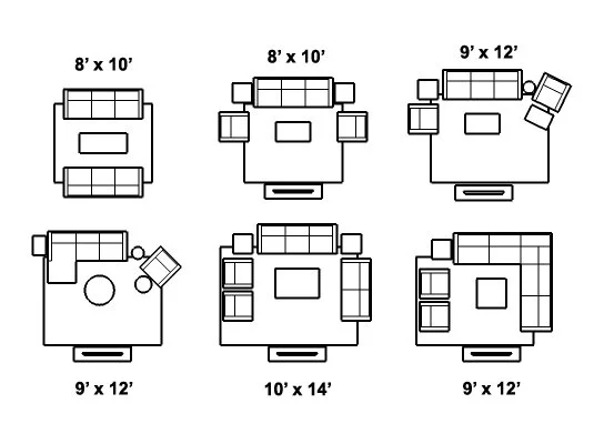 Living room layouts with rug size guide created by Joshua Jones from JJones Design Co.