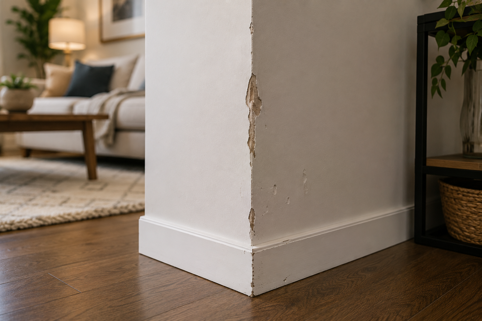 AI-generated close-up of a damaged square drywall corner with chipped paint and exposed drywall beside white baseboards in a modern living room.
