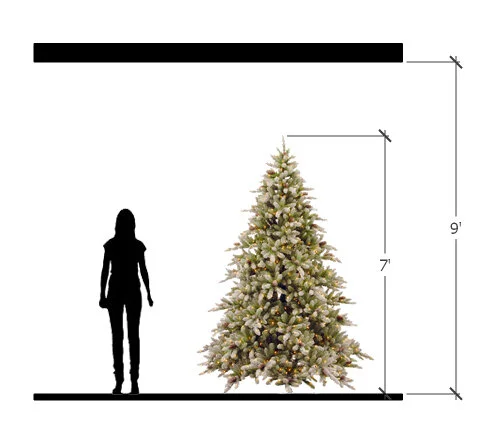Graphic showing ideal Christmas tree height with a 7-foot tree under a 9-foot ceiling, illustrating proper spacing and proportion.