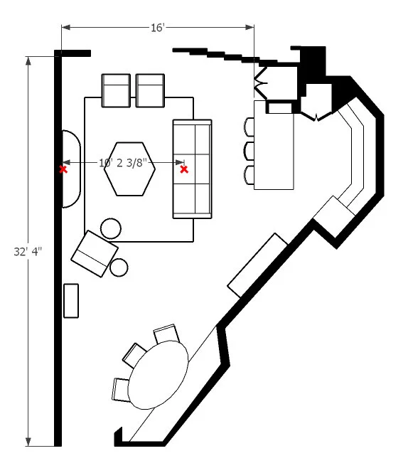 Living room floor plan showing seating layout and viewing distance between sofa and television used to determine the right TV size for the room designed by Joshua Jones of JJones Design Co.