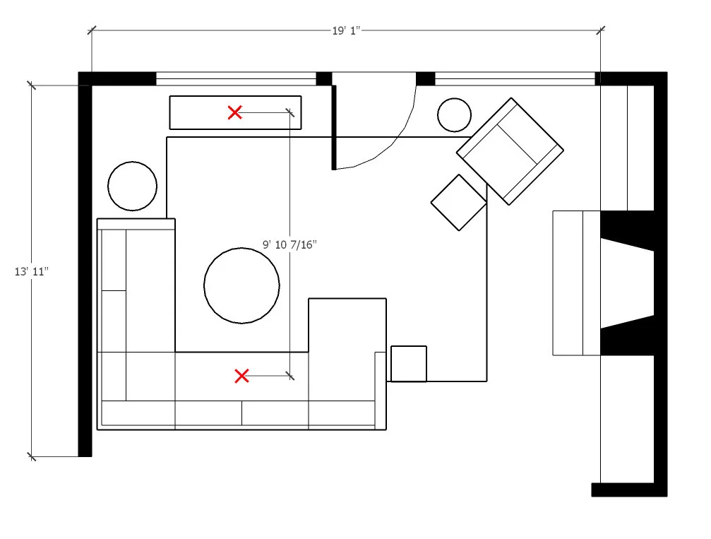 Living room floor plan showing sofa layout and viewing distance between seating and television used to determine the right TV size for the room designed by Joshua Jones of JJones Design Co.