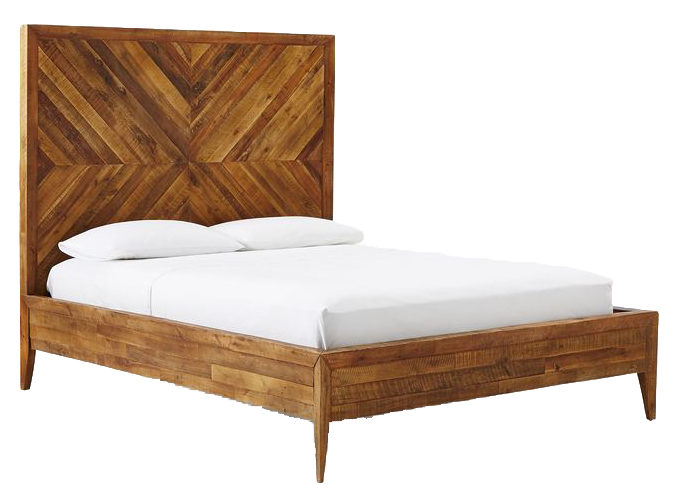  Rustic reclaimed wood bed with a white mattress and pillows.  