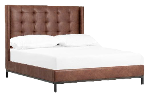  Masculine looking brown leather upholstered bed with white bedding and pillows. 