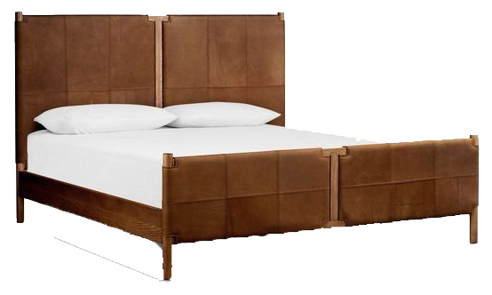  Modern rustic brown leather upholstered bed with wood frames. It has white bedding and pillows on it.  