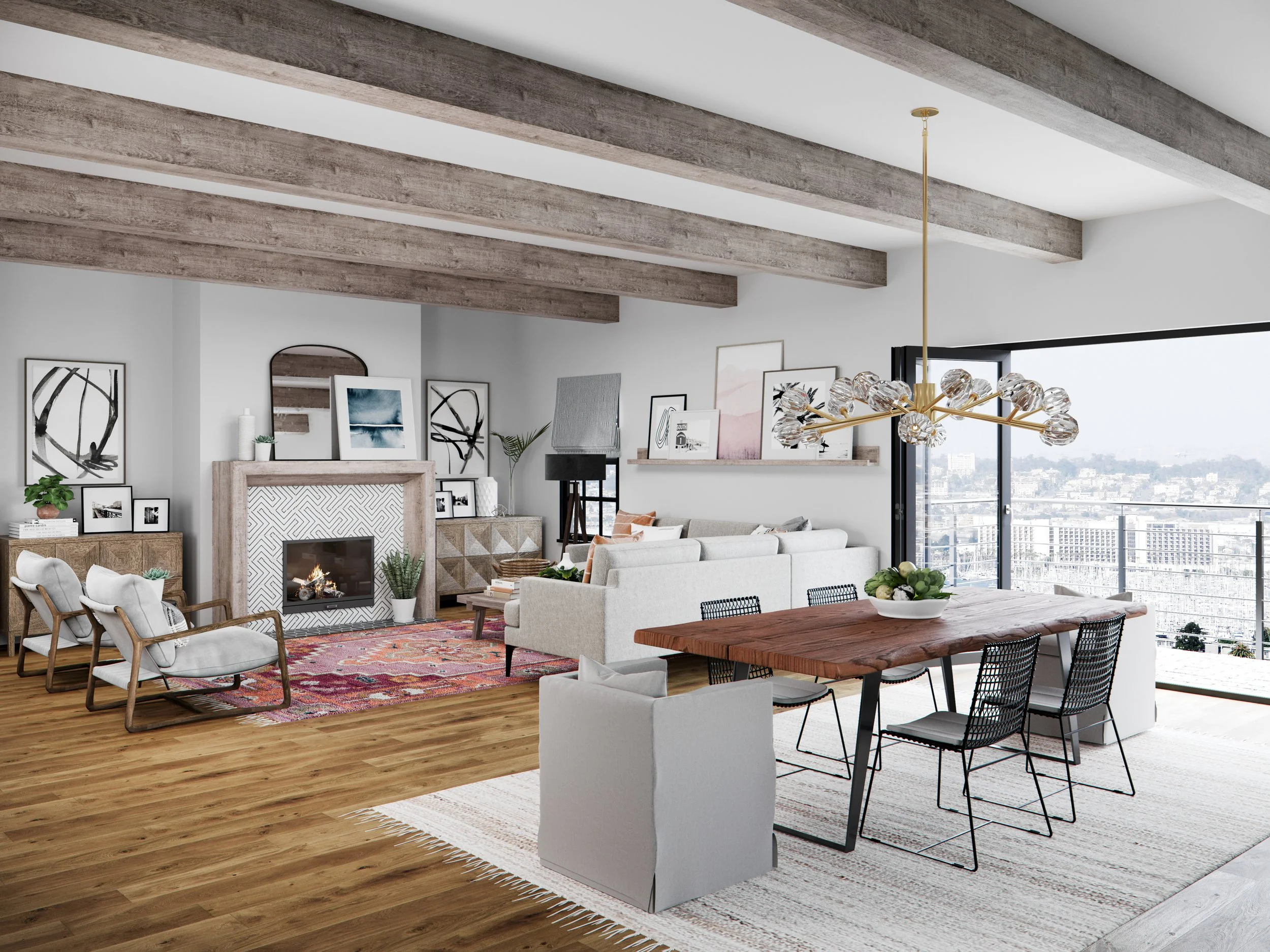 open concept dining room chandelier placement visual anchor