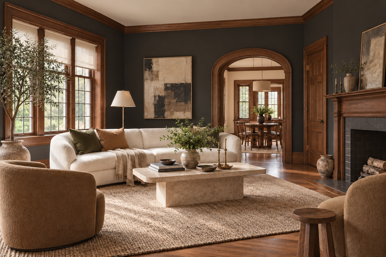 Modern-organic 1930s living room with dark walls, original walnut window trim and archway, ivory roller shades, and light contemporary furniture.