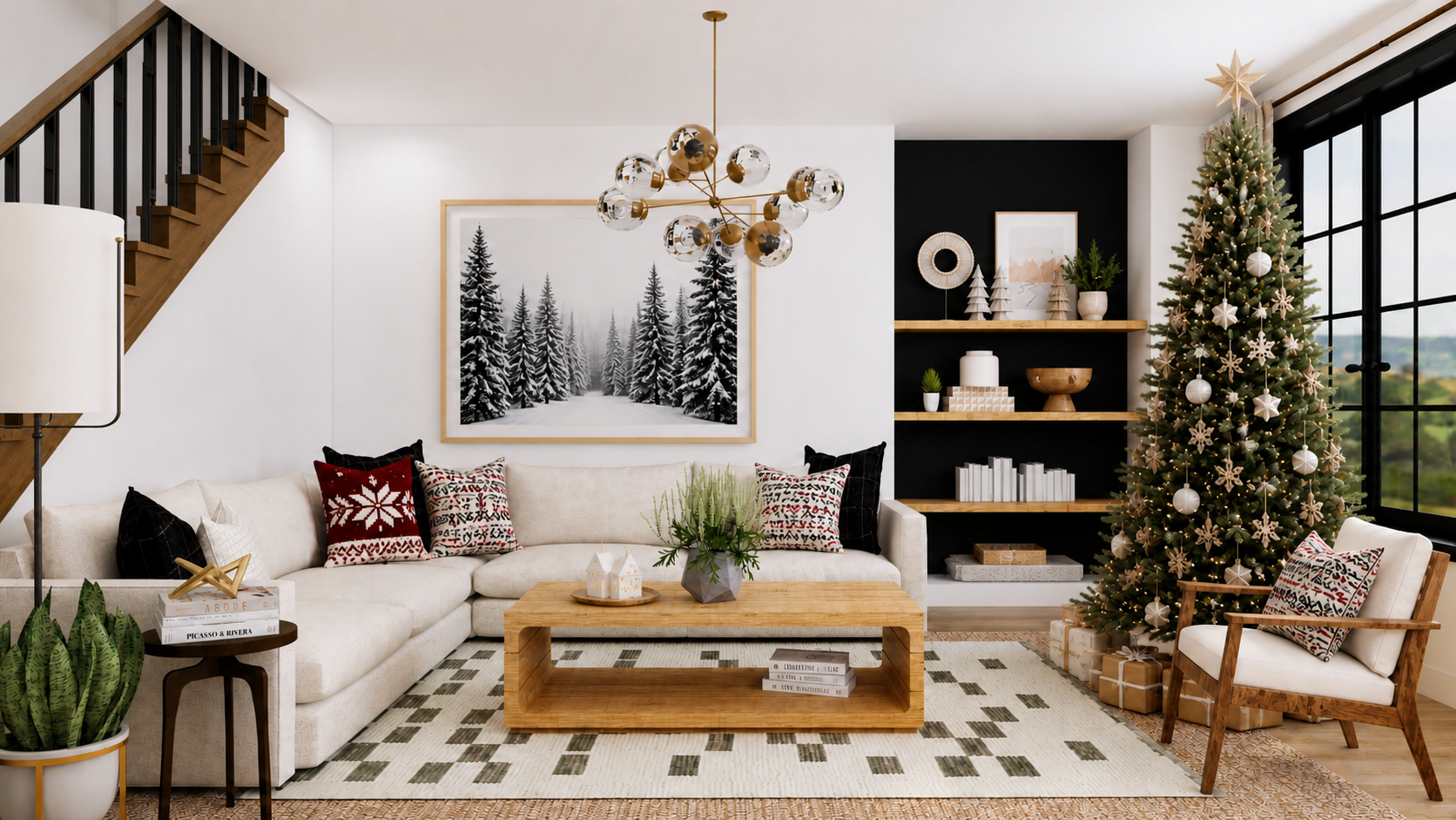 Scandinavian living room with a decorated Christmas tree, Nordic patterned pillows, snowy forest wall art, and minimalist holiday styling on open shelves.