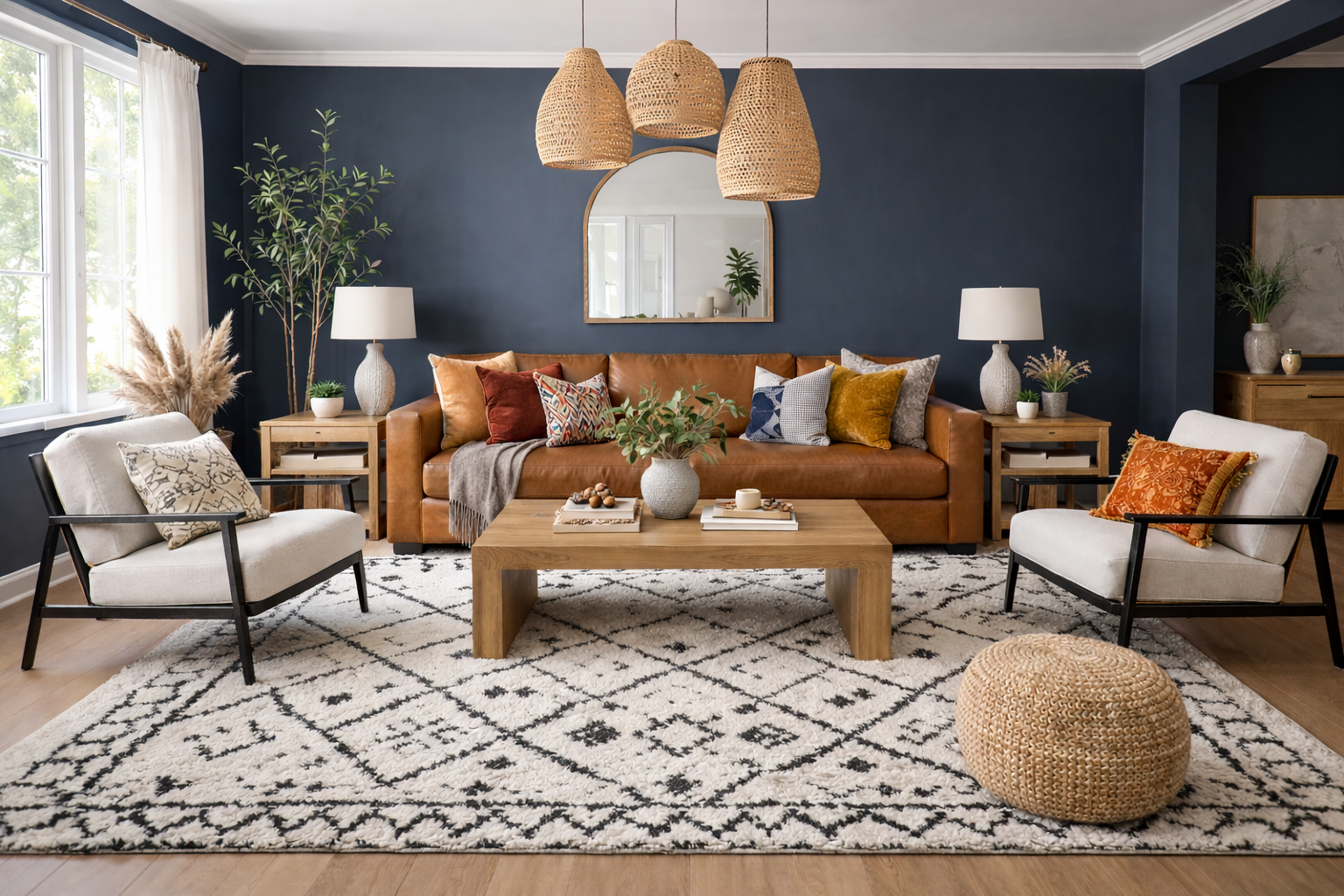 Living room rug size example showing a large area rug placed under a sofa and accent chairs to anchor the seating area.