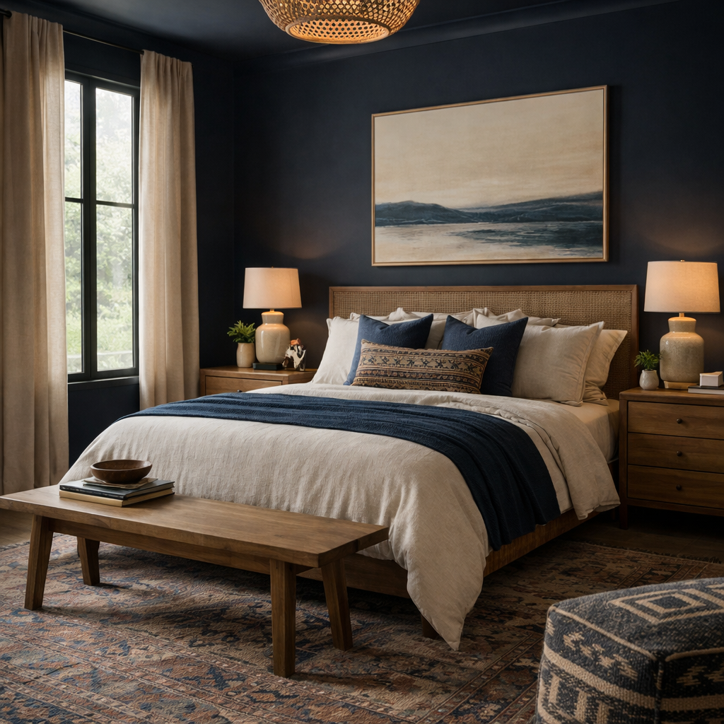 Modern bohemian bedroom with dark blue walls, rattan headboard, neutral bedding, wood nightstands, large landscape artwork, and warm layered textures
