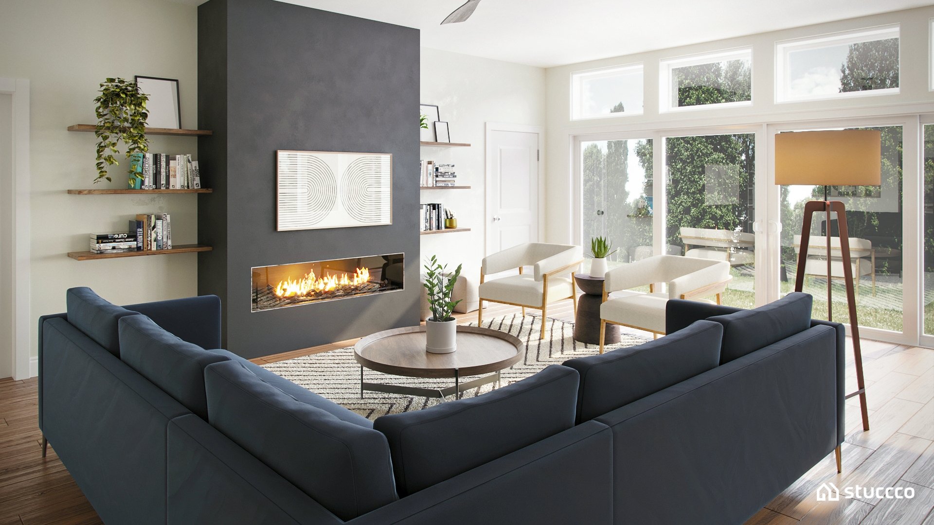 Contemporary living room layout showing seating arrangement and viewing distance designed to determine the right TV size for the room by virtual interior designer Joshua Jones of JJones Design Co.